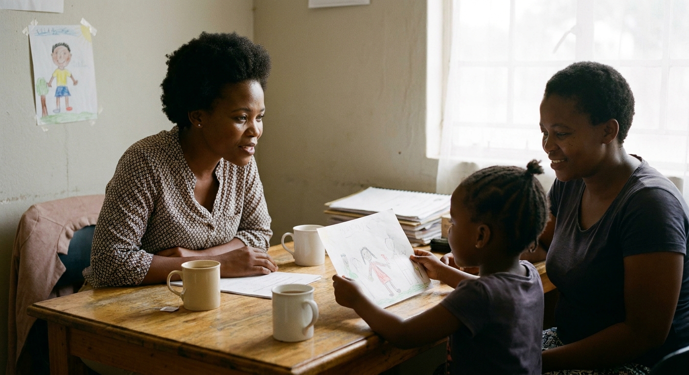 A teacher chatting with a young child and her parent across a small table