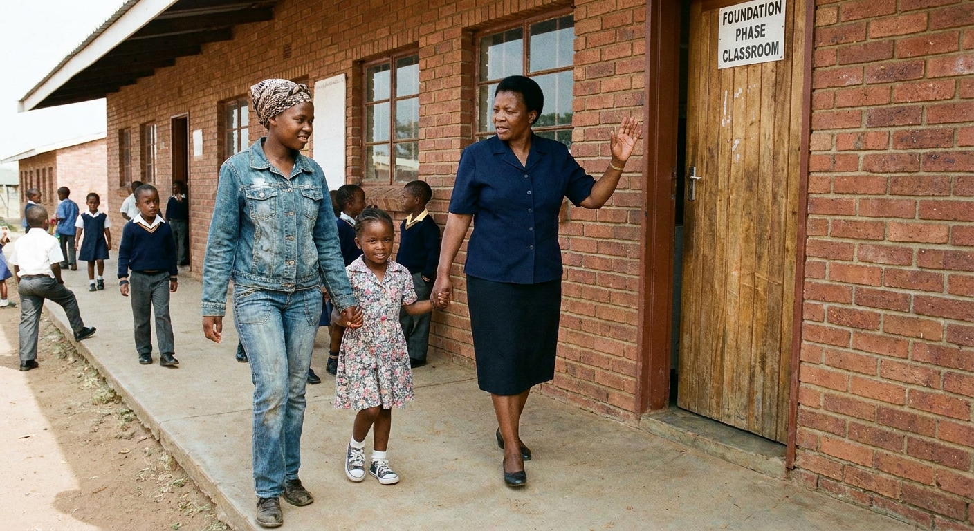 Children walking with parents across the school courtyard during a tour
