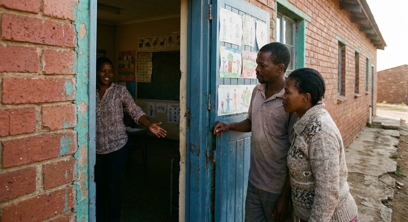 Two parents looking at a Foundation Phase classroom display through the doorway