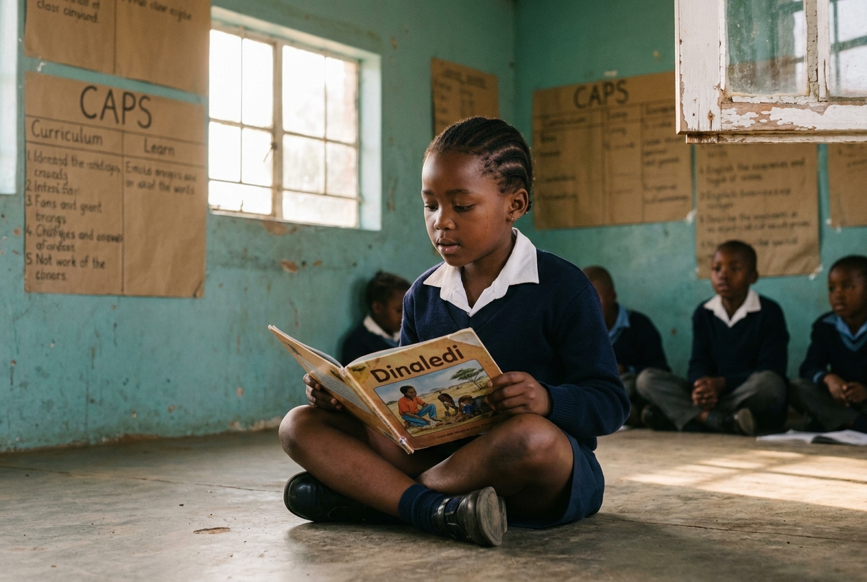 A Grade 3 learner reading aloud during morning circle in a sun-lit classroom