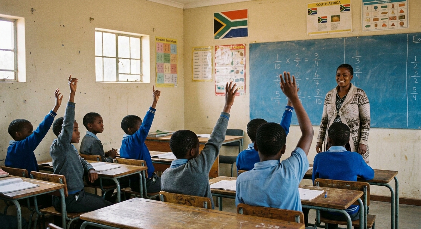 Children raising their hands eagerly during a lesson with a teacher in a modest classroom