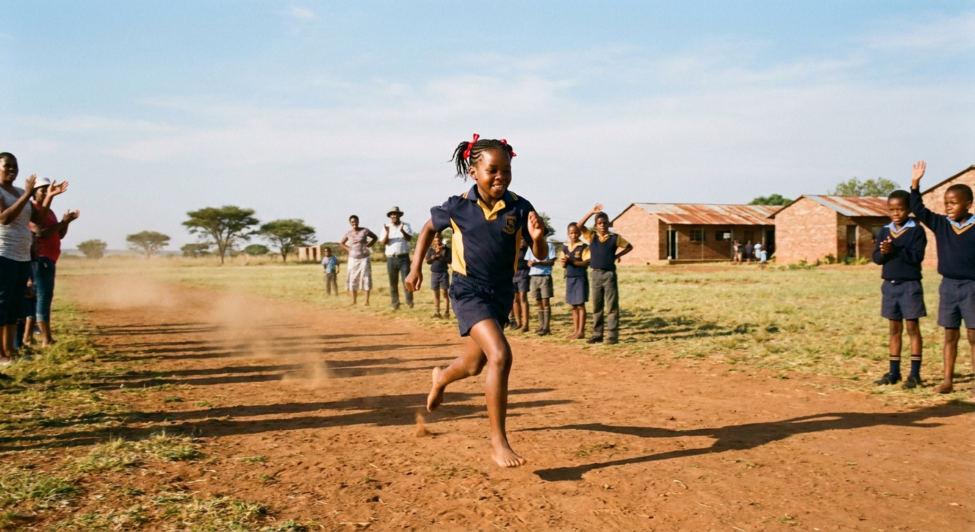 Learners running on the dirt athletics track during the school sports day under wide open sky