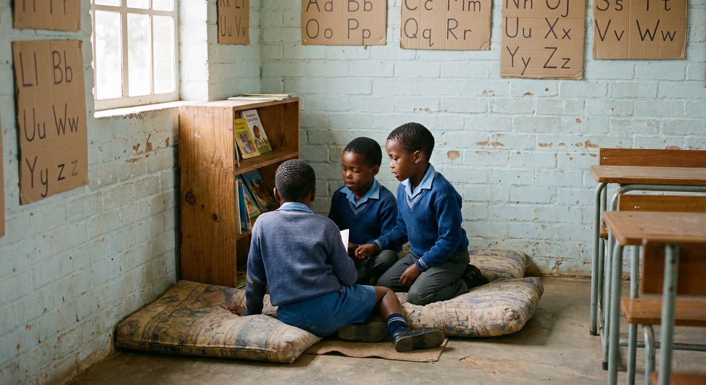 Children quietly reading picture books in a warm reading corner stocked with donated books