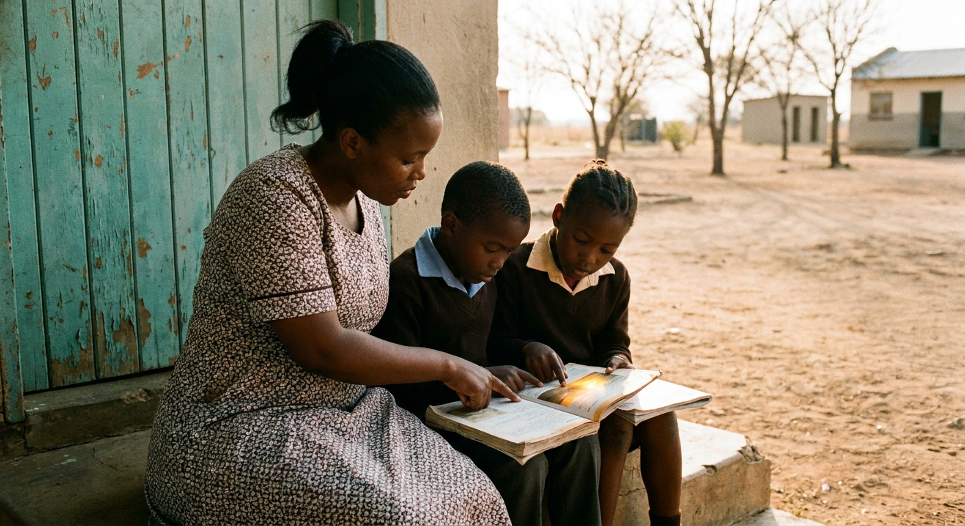 A teacher sitting on the classroom step beside two learners helping with a Setswana reading passage