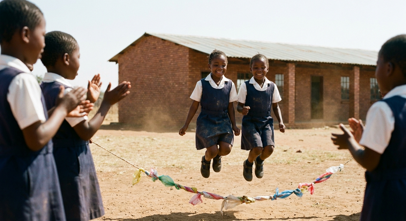 Learners playing skipping rope in the dusty courtyard at break