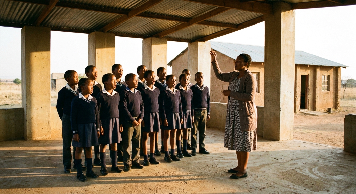 Choir practice in the afternoon under the tin-roofed assembly hall