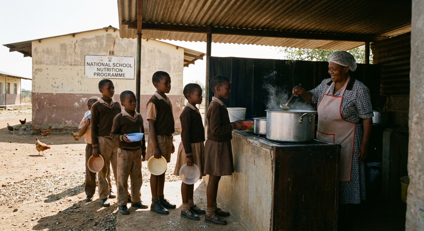 A queue of learners holding empty bowls waiting for the NSNP lunch
