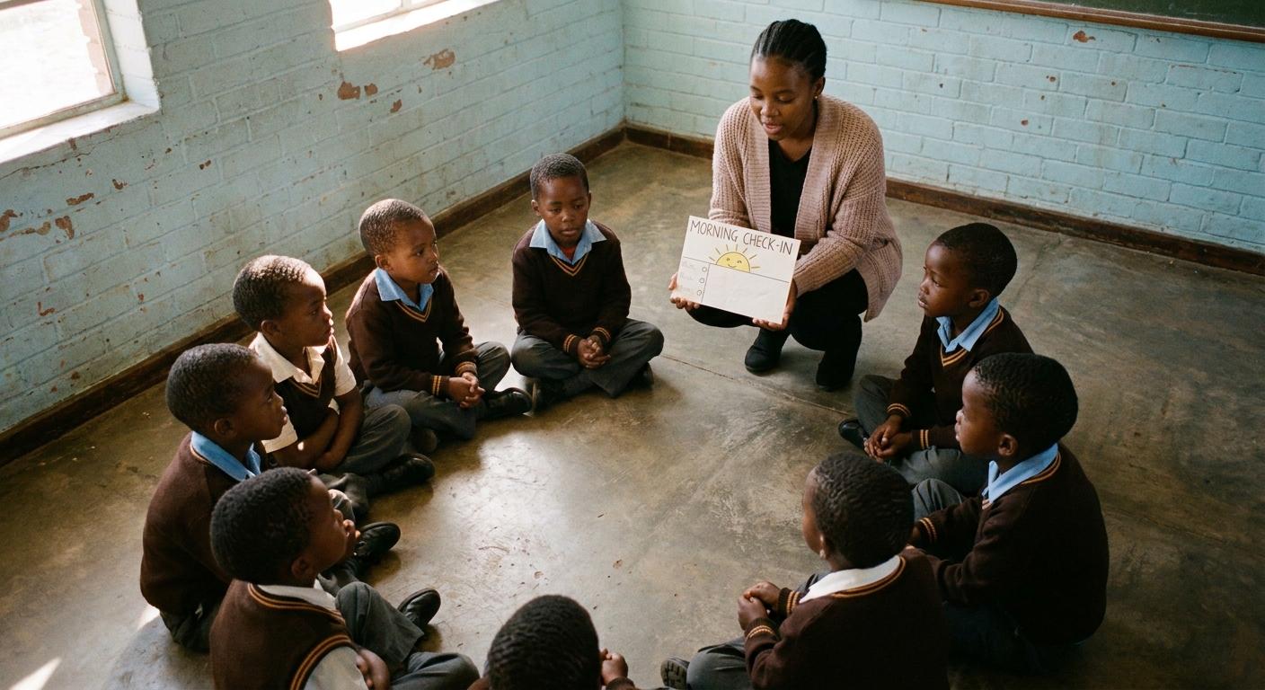 Children sitting in a circle on the floor for morning check-in