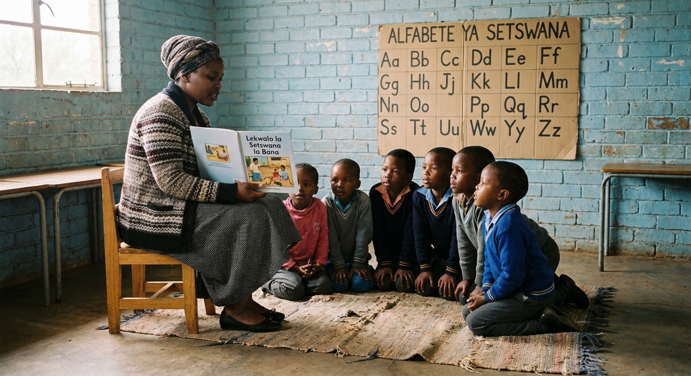 A Foundation Phase teacher reading a Setswana picture book to a small group on the floor