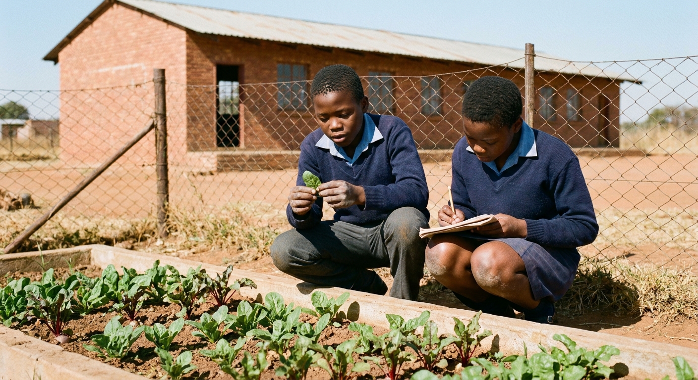 Two learners in school uniform inspecting a row of seedlings in the school's vegetable garden