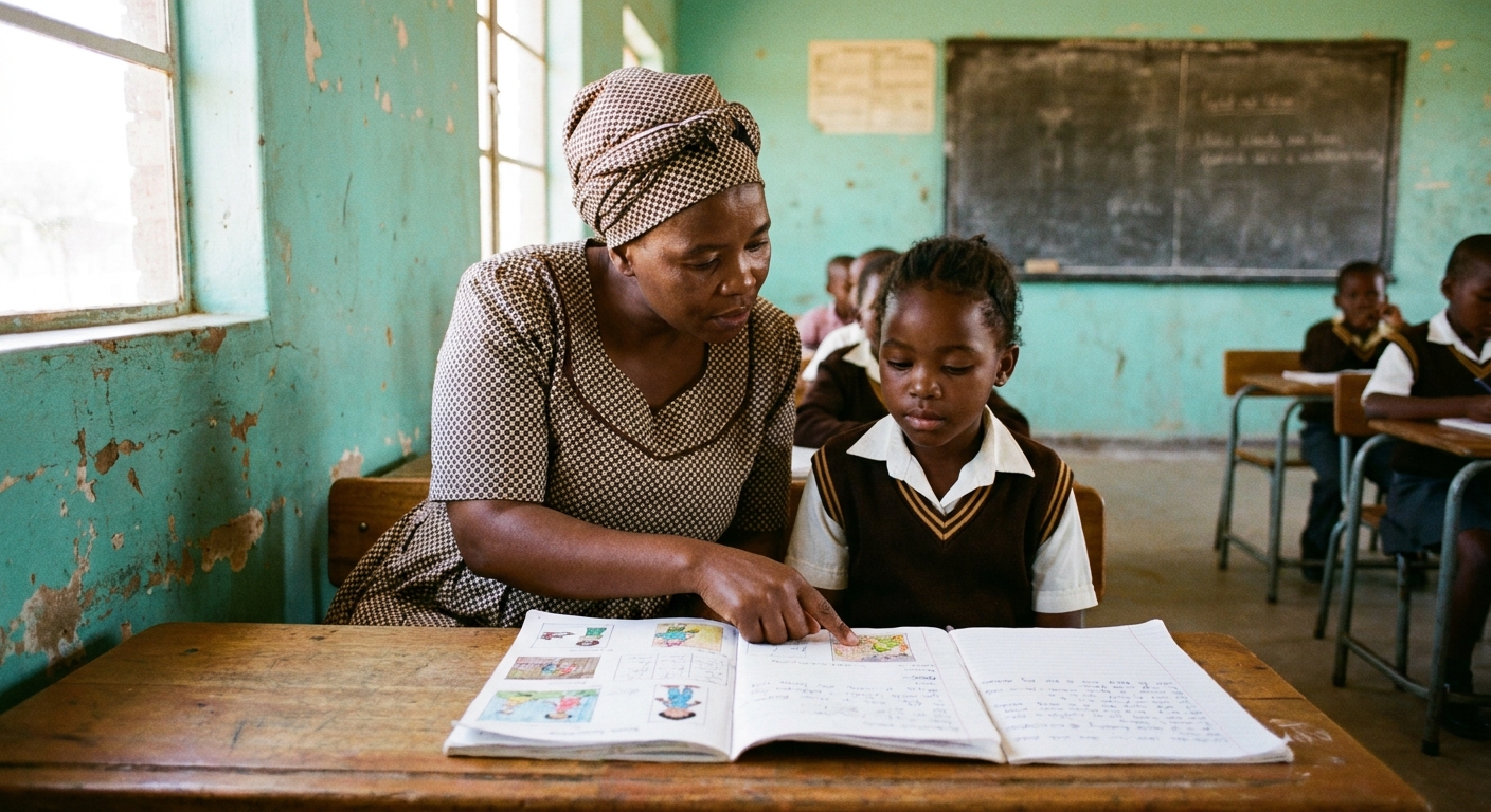 A teacher kneeling beside a Grade 2 learner reviewing her growth portfolio book