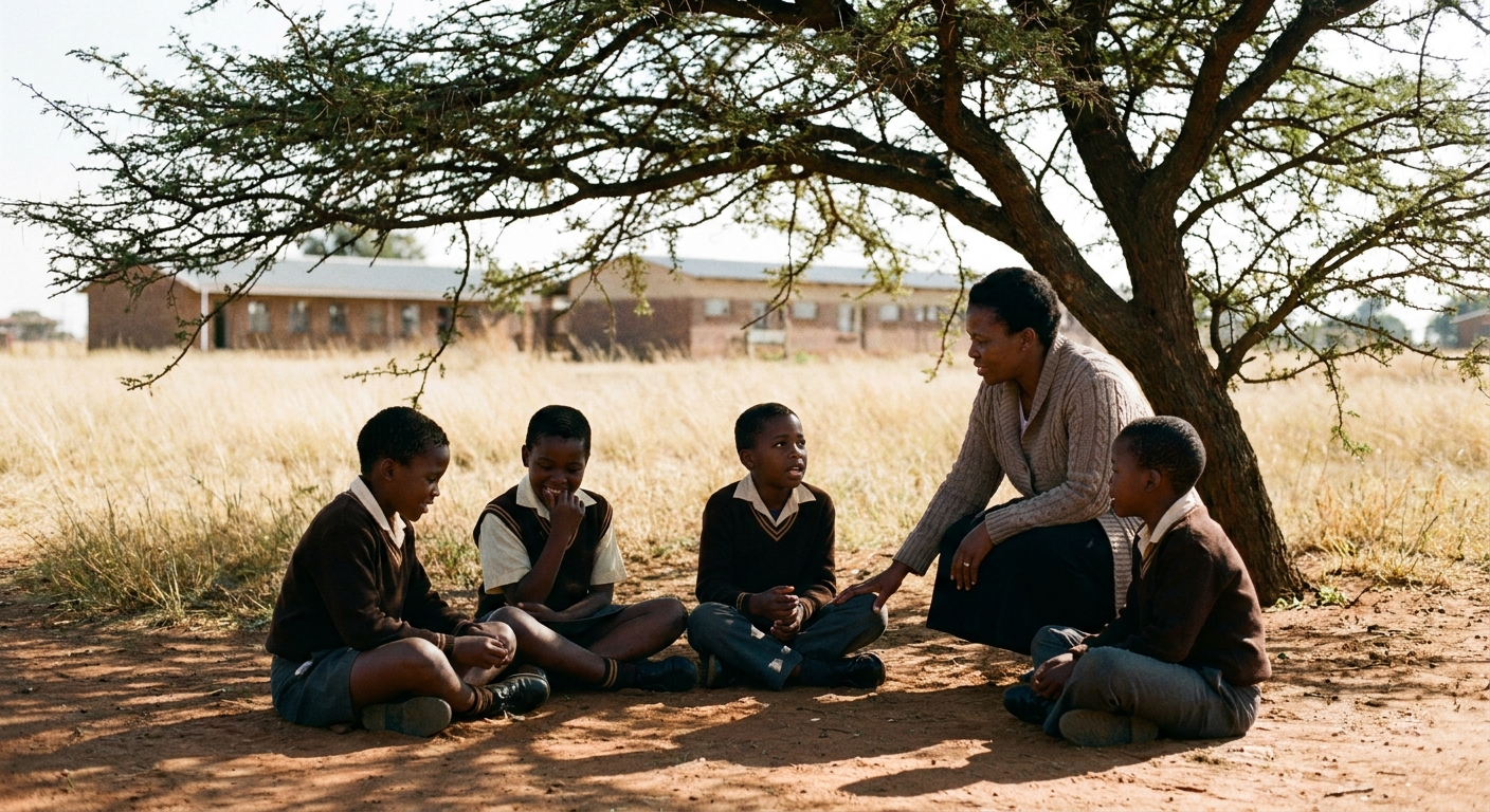 A small group of children sitting in a circle with the school counsellor under a tree