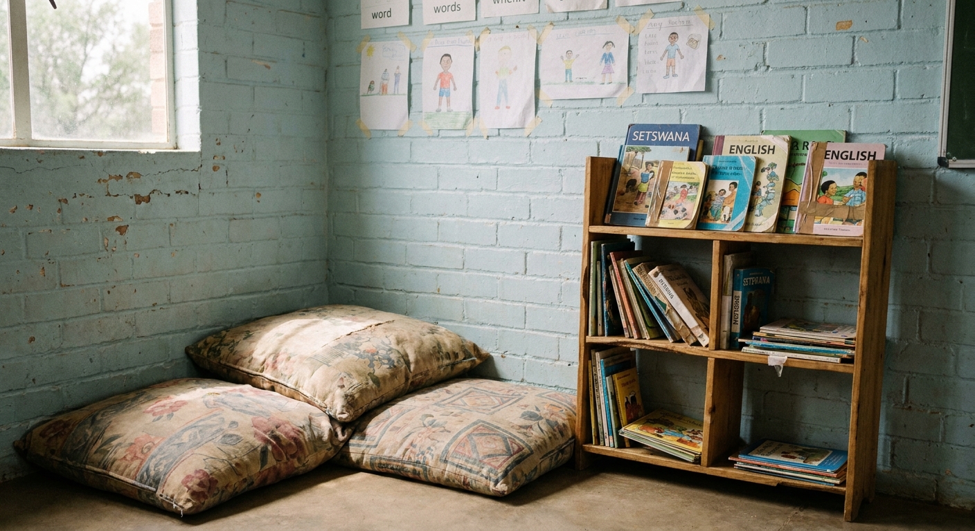 A reading corner with floor cushions and a small bookshelf of donated children's books