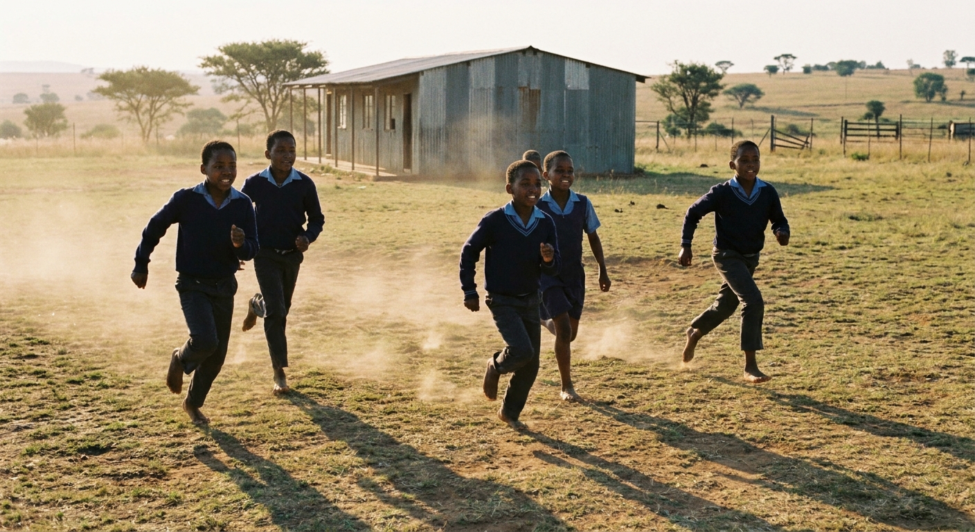 Children running on the dusty grass field during PE lesson, captured mid-stride in late afternoon light