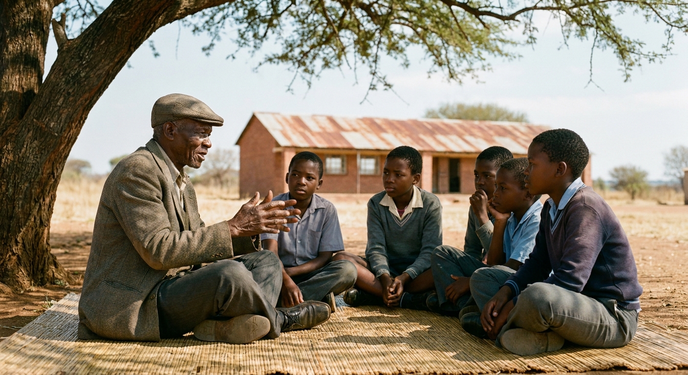 A group of older learners sitting around a Setswana storyteller, listening intently