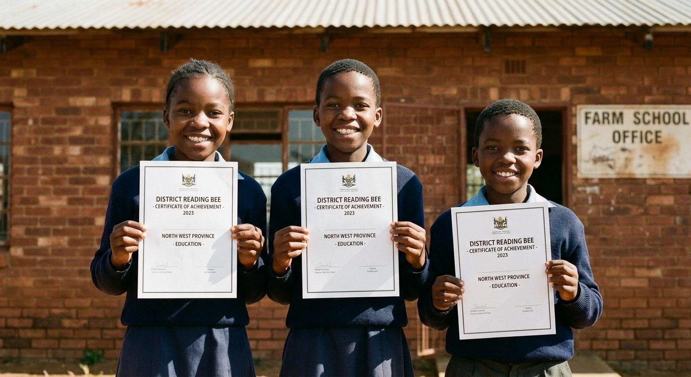 Children holding district reading-bee certificates outside the office