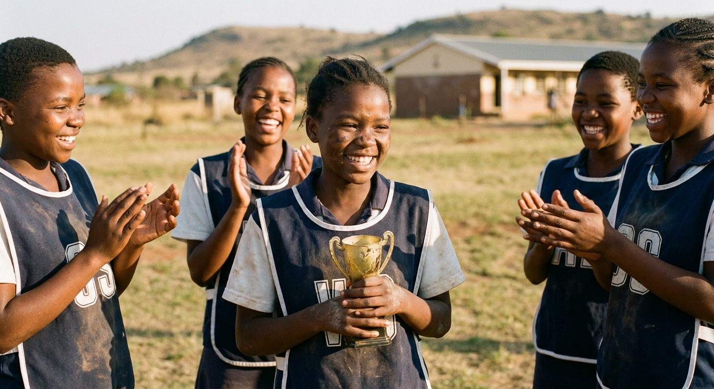 A learner holding a netball trophy with teammates