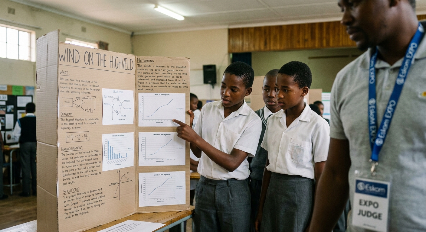 A team of learners at the Eskom science fair holding a poster