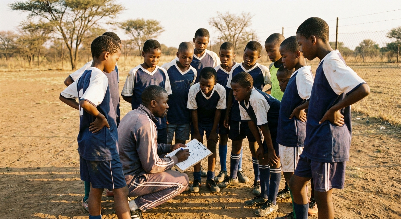 Soccer team with their coach on the touchline