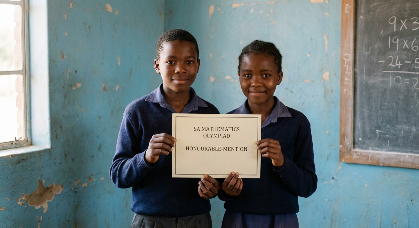 Two children in school uniform holding a maths olympiad certificate