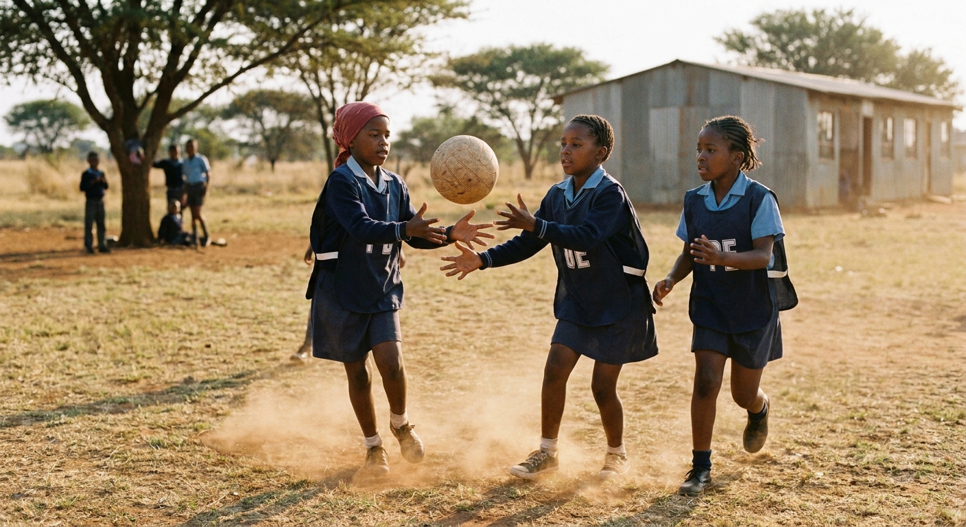 Children passing a netball during PE on the patchy grass field