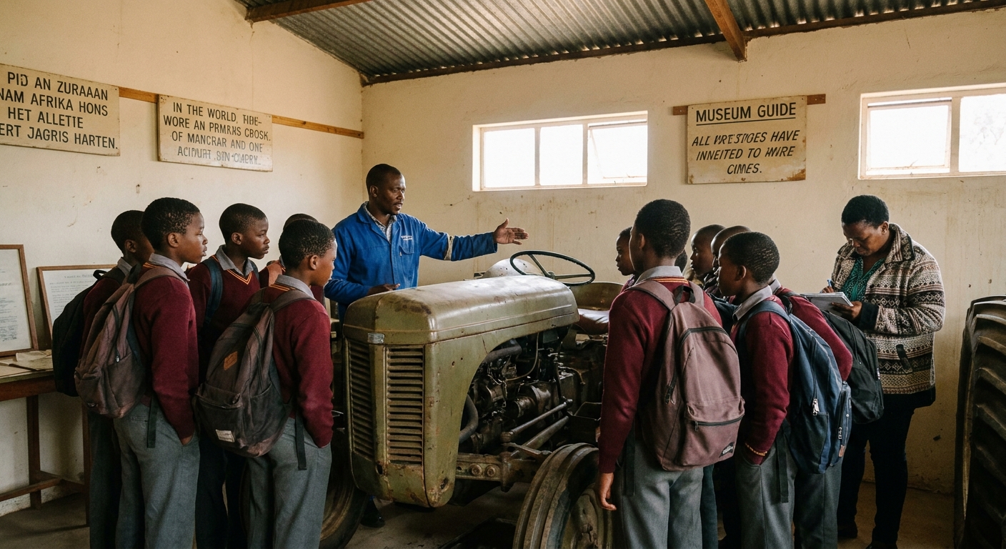 Grade 6 excursion to the Lichtenburg Museum stopping at a tractor exhibit