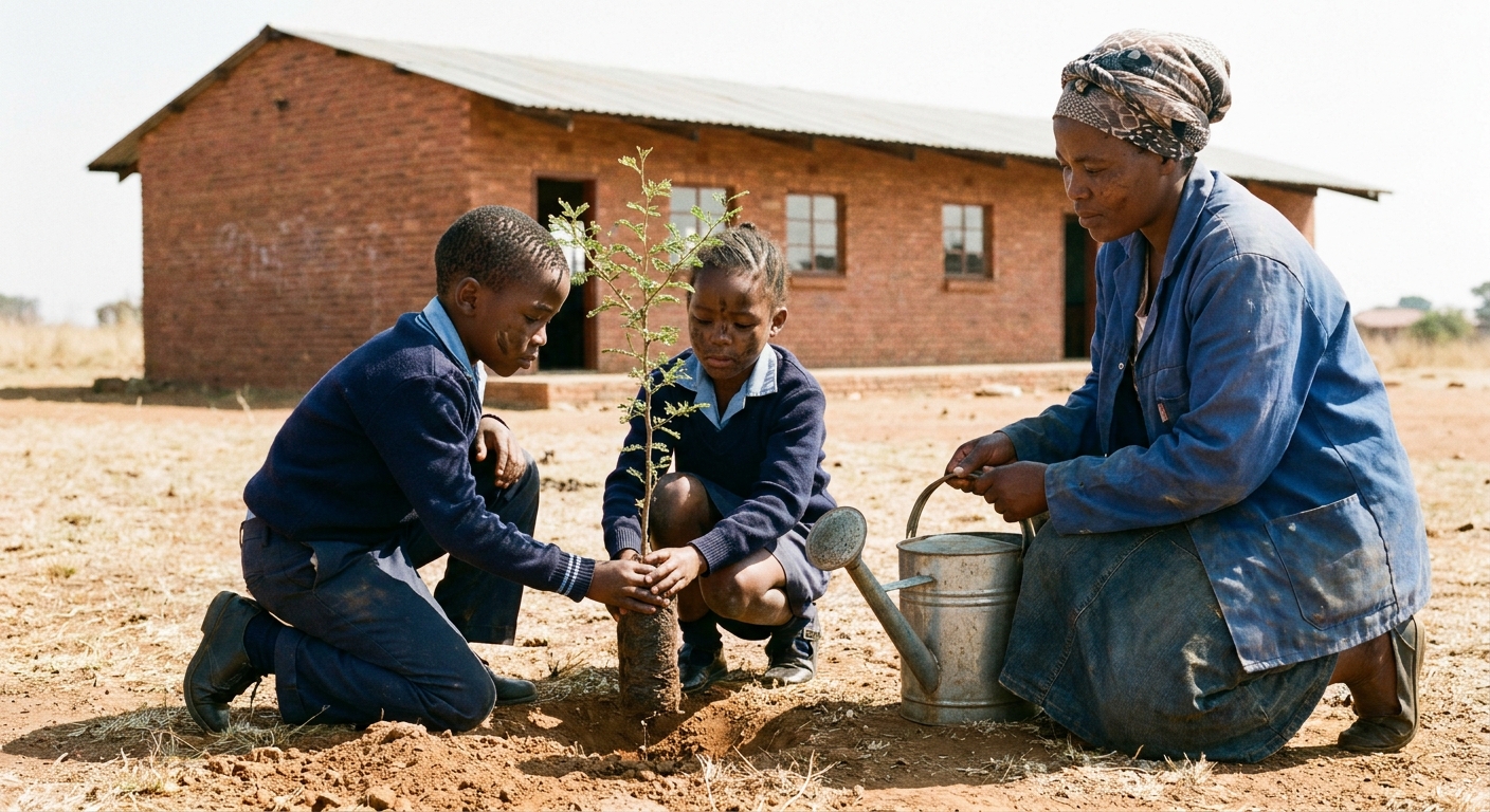 Grade 4 children planting a young tree to mark a growing-up ceremony