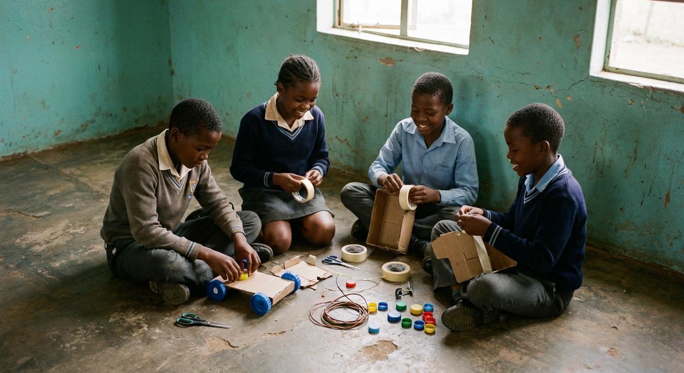 A small robotics-and-tinkering club building cardboard machines on the floor