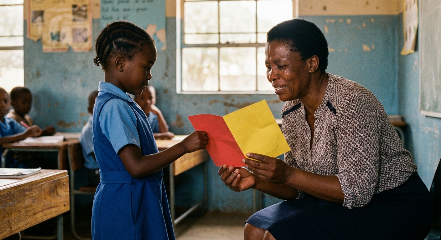 Children handing the Foundation Phase teacher a hand-made card on Teachers' Day