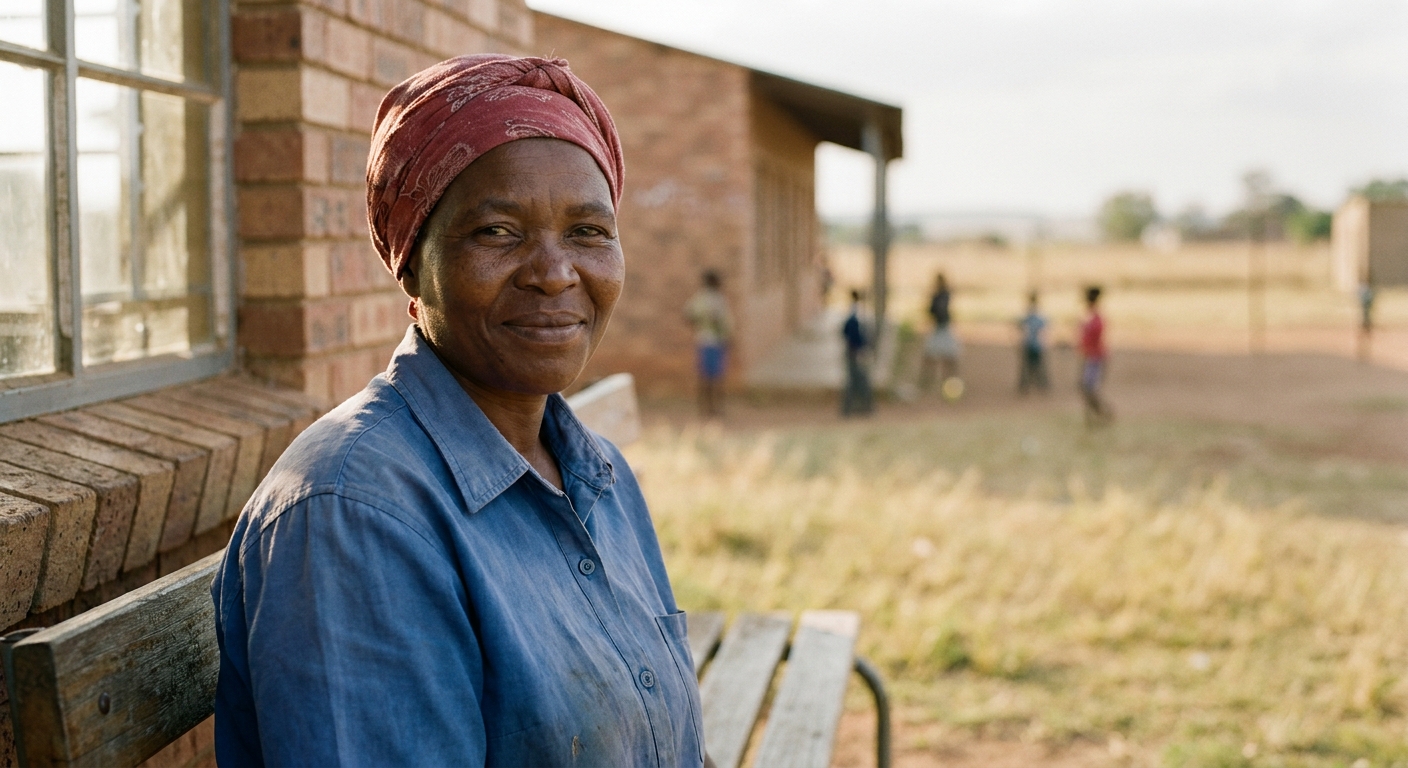 A mother in her thirties wearing a red headwrap