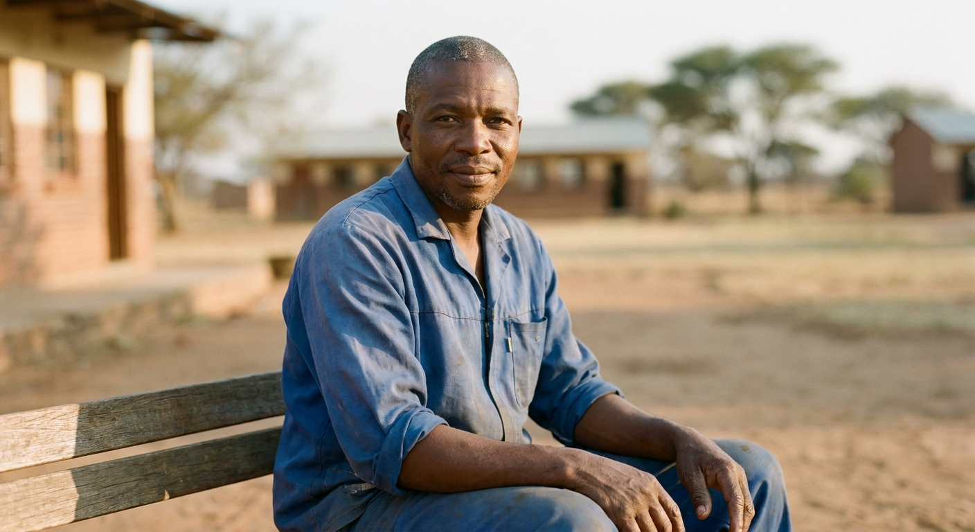 A father in his forties in a blue work shirt