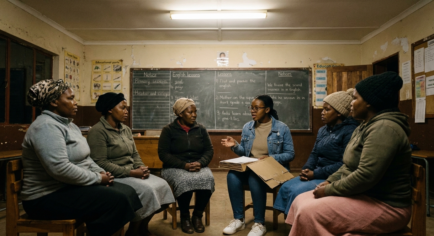 A small parents' evening in the Grade 4 classroom with mothers seated on learner chairs