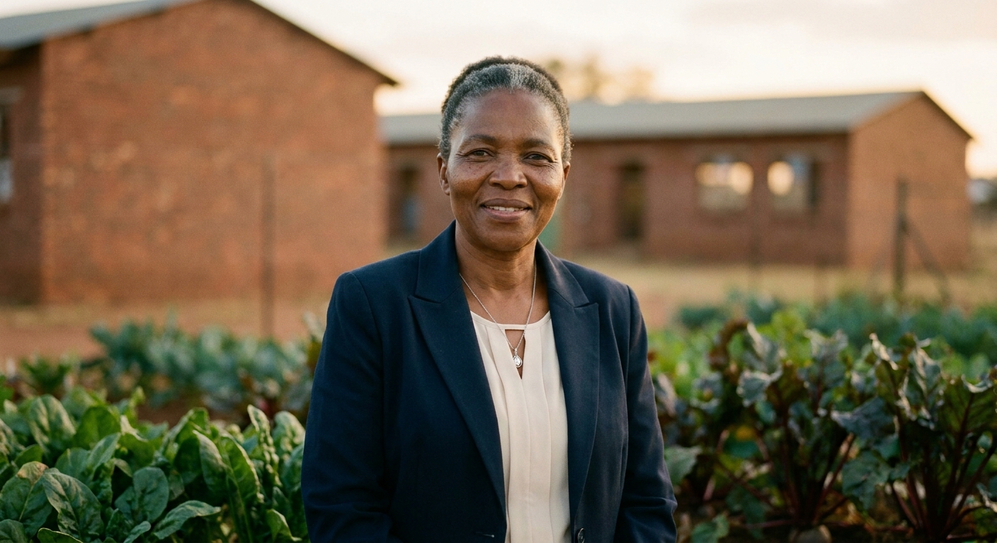 Principal Matsemela Lebogang Gwendoline standing in the school garden in late afternoon light