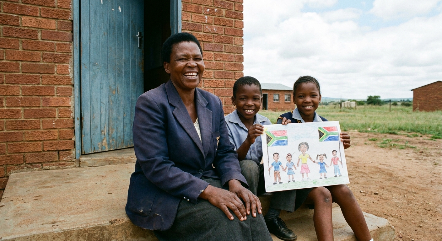 Principal Matsemela laughing with two learners on the school steps