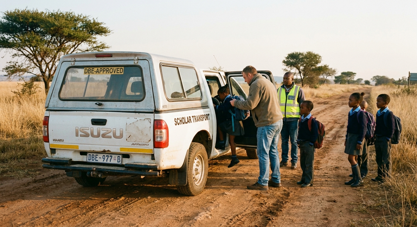 A learner transport bakkie collecting children from the farm road, supervised by a parent volunteer