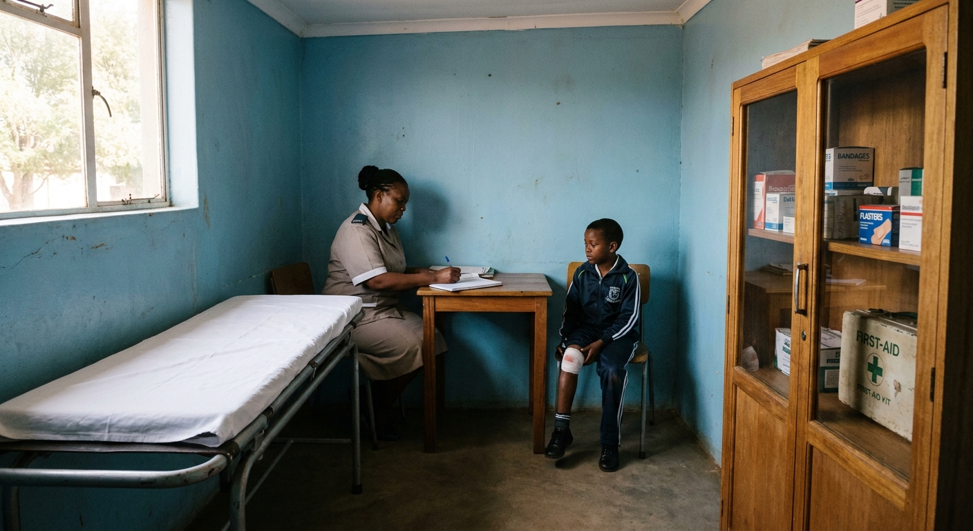 The small first-aid room with a clinic stretcher, bandages and a child waiting calmly