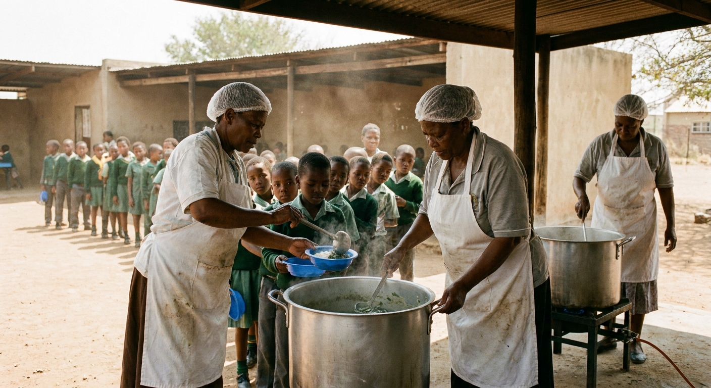 Cooks ladling phuthu and morogo into bowls for a queue of learners holding plates