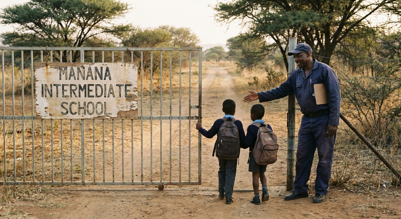 The school's main gate with a security guard greeting arriving learners in the morning
