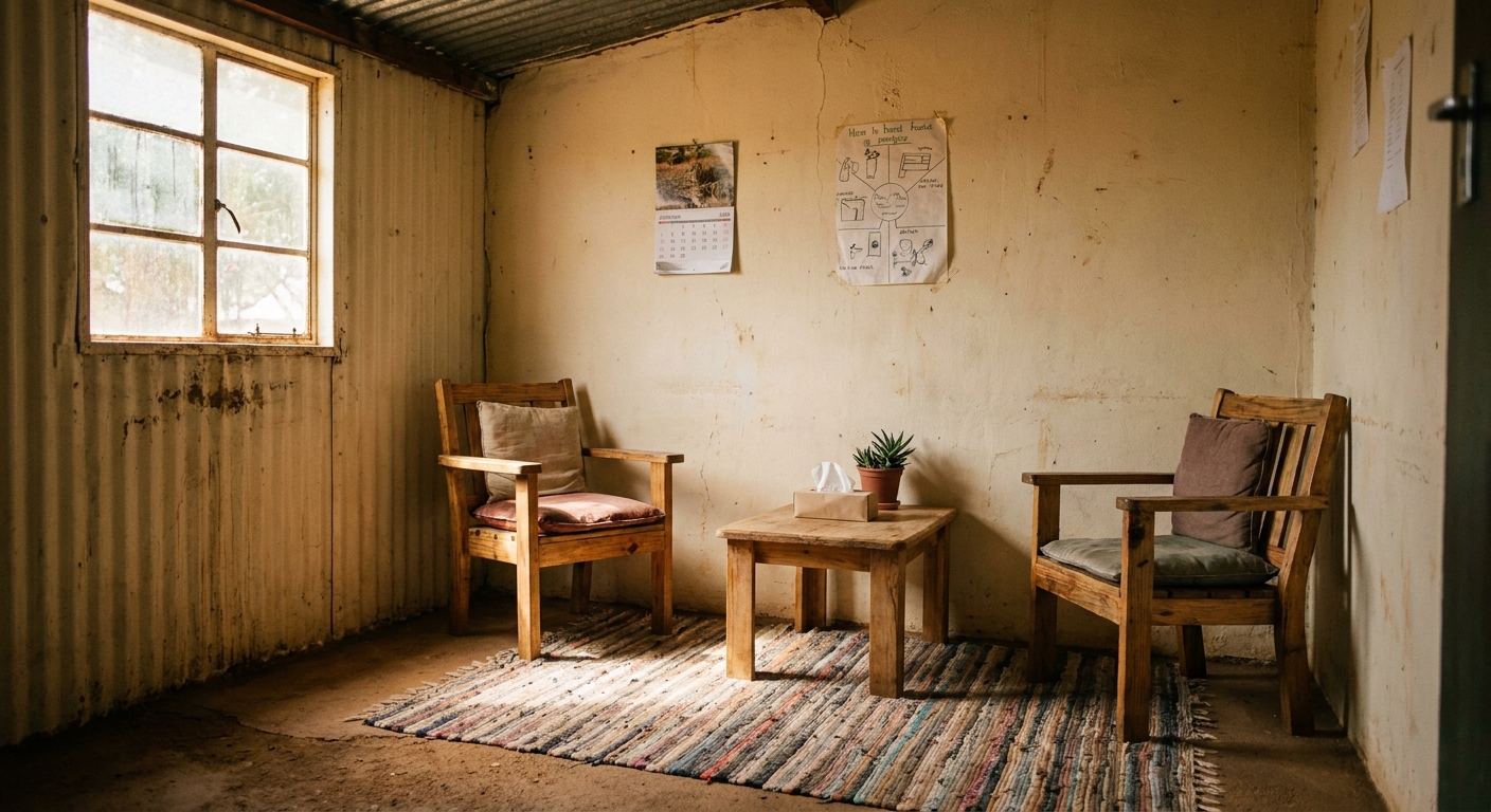 The counselling room with two small chairs facing each other and a soft rug, sun coming through the window