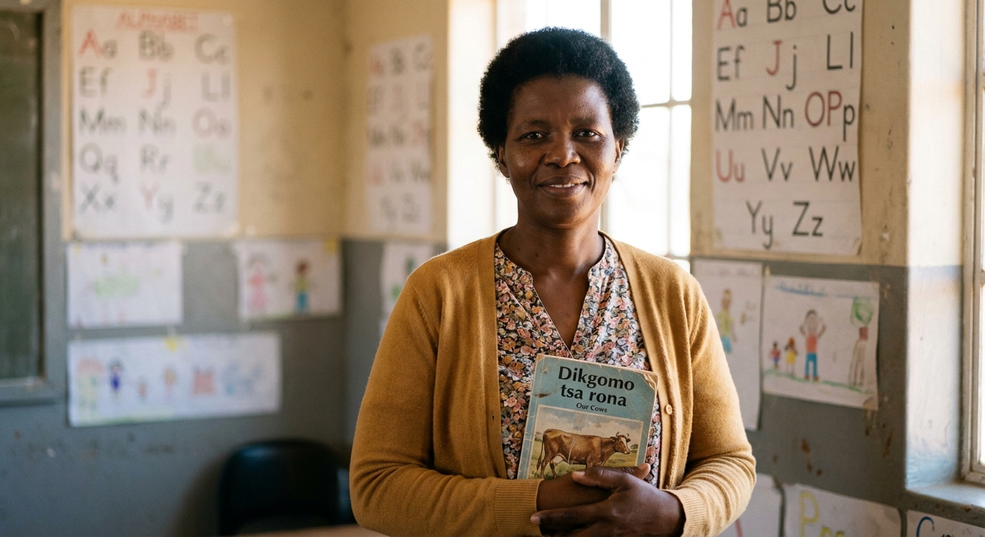 Mrs Modise, Head of Foundation Phase, holding a Setswana picture book