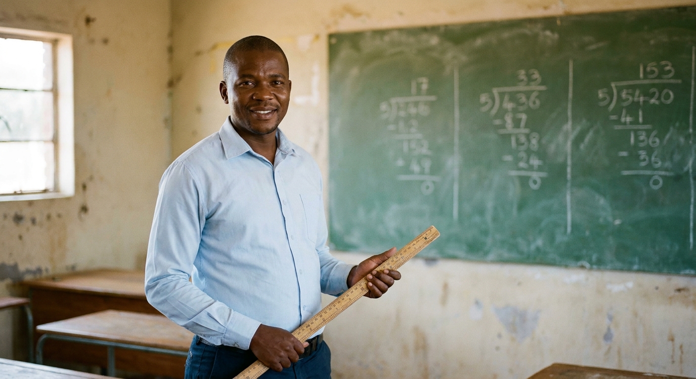Mr Khumalo, Intermediate Phase, standing at a chalkboard with a meter ruler