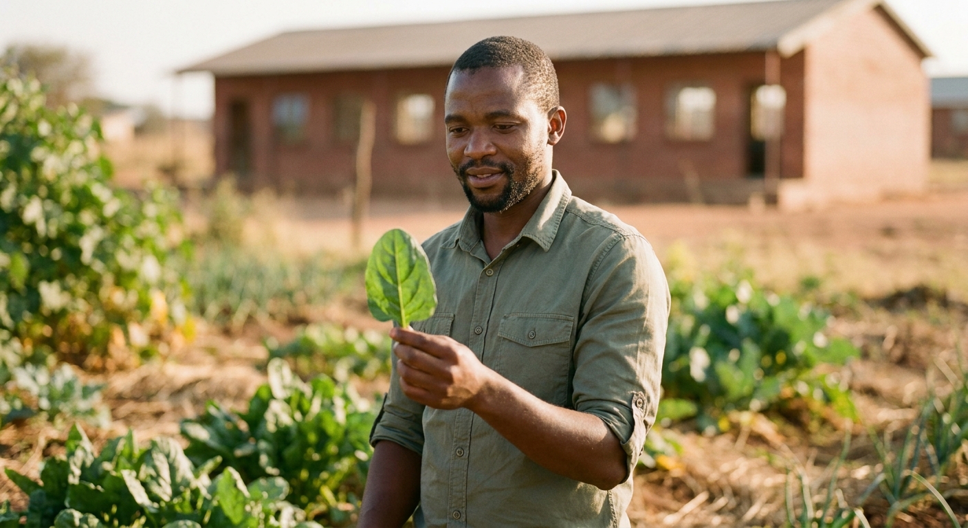 Mr Nkosi, Natural Sciences, in the school garden in late afternoon light