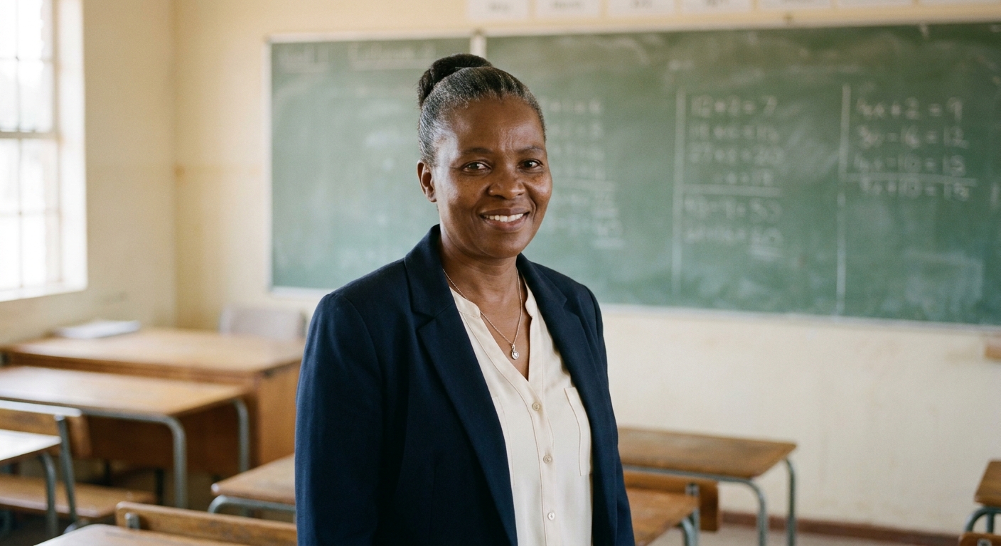 Mrs Matsemela, Principal, smiling warmly in front of a chalkboard