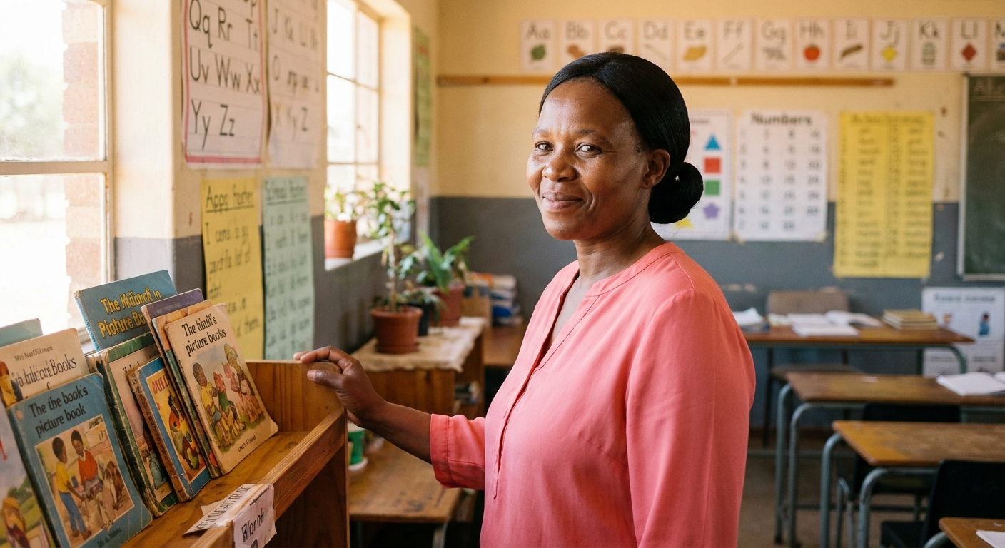Mrs Ntho, Grade 1 teacher, beside a small classroom library