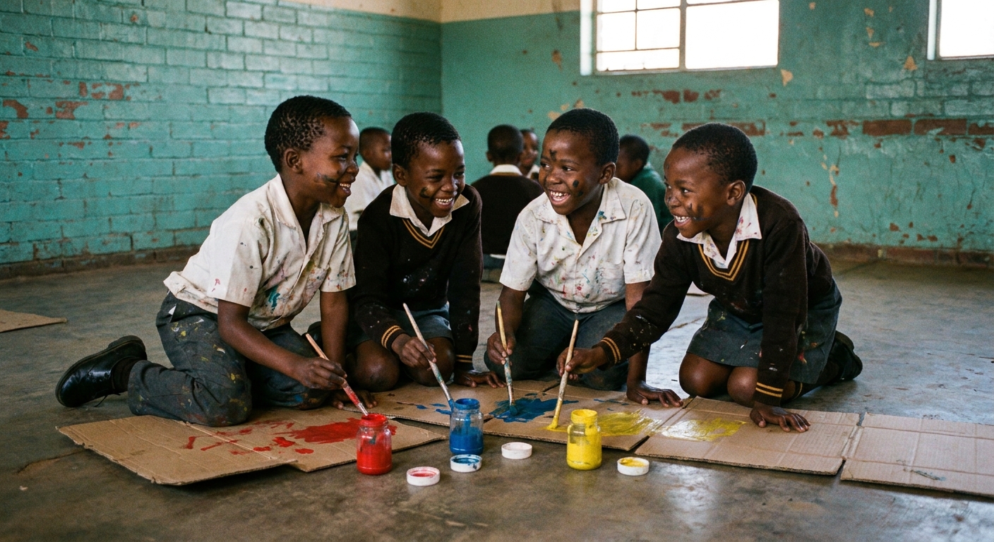 Children laughing during a creative arts lesson, painting on recycled cardboard