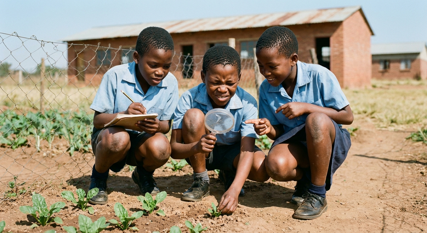 Learners crouching beside the school garden examining seedlings with a magnifying glass