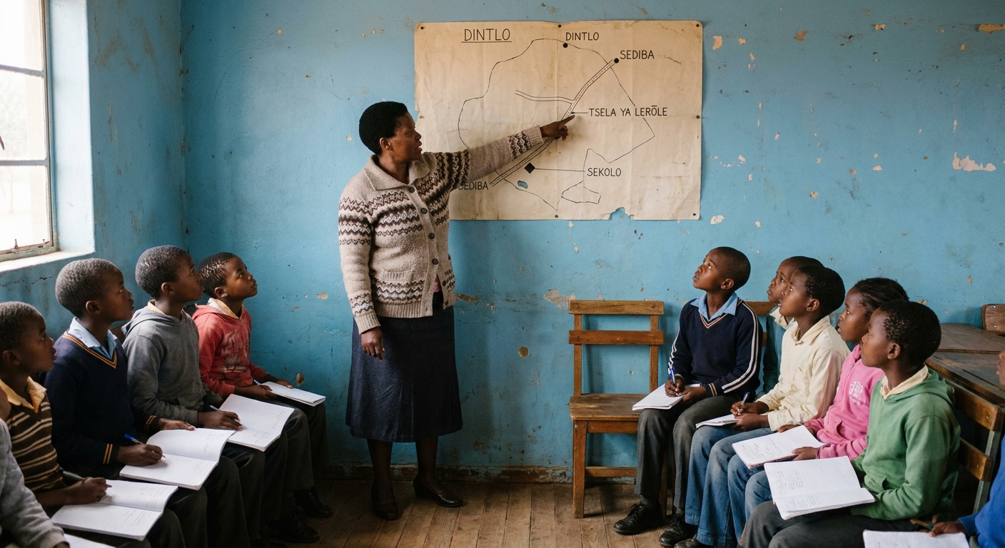 A teacher pointing at a hand-drawn map of the local farm community pinned on the wall