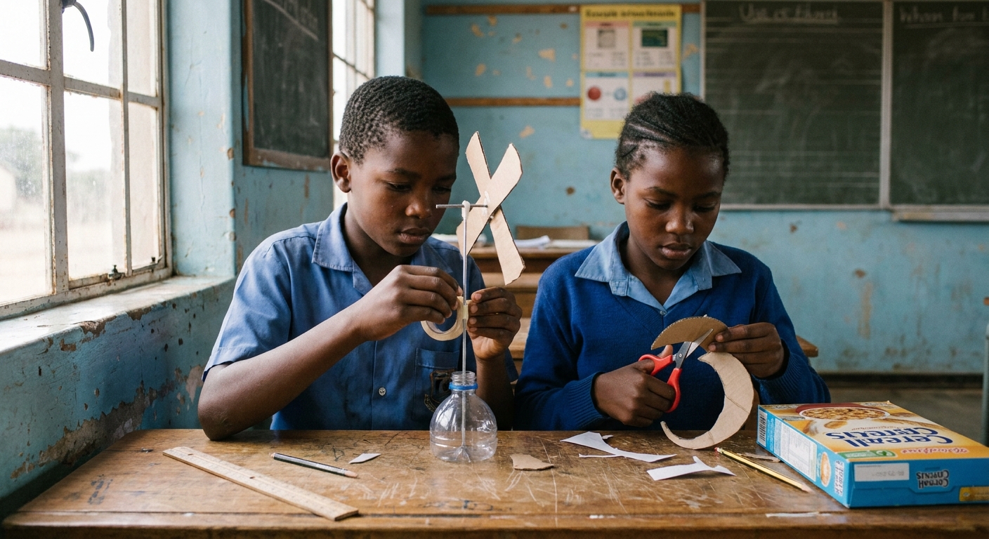 Two Grade 6 learners assembling a small cardboard windmill on a desk