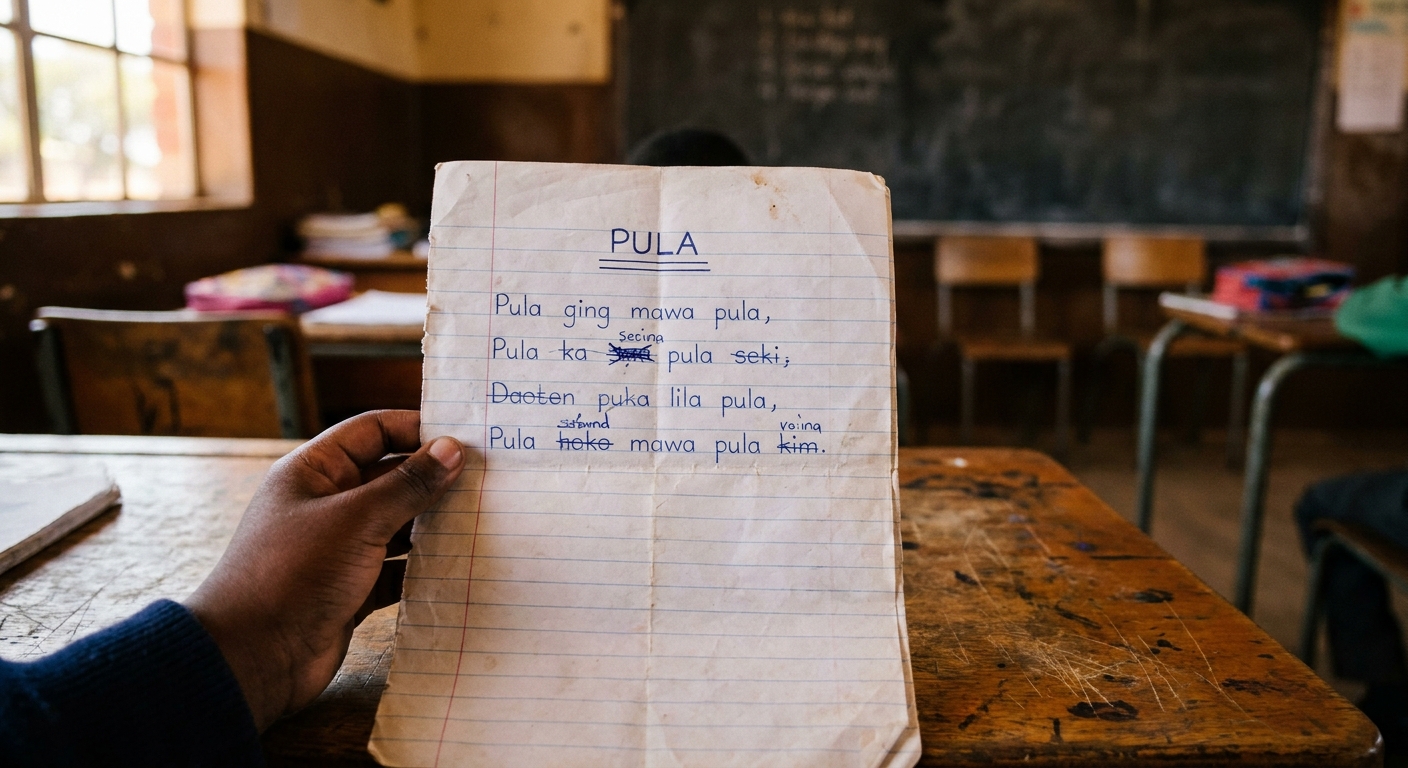 A careful Setswana hand-written poem on lined paper