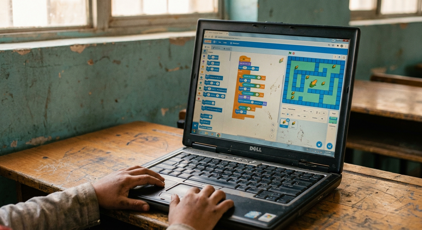 A laptop screen showing a simple Scratch program made by a learner